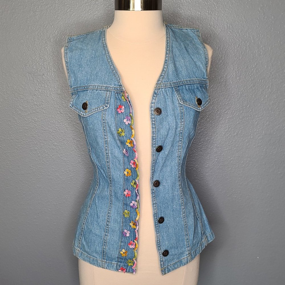 Vintage 90's Sleeveless Denim Embroidered Top